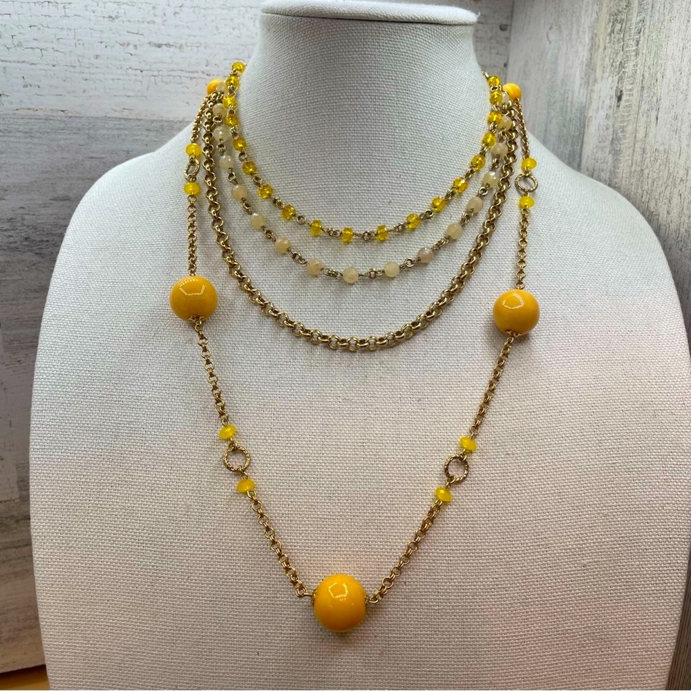 Gold Tone Multi Layer Chain Yellow Acrylic Pearl Acrylic Crystal Beads Necklace